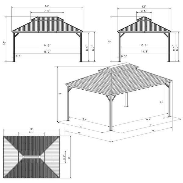 Hardtop Gazebo Designed for Year-Round Use, 12x16 Aluminum Frame, Double Roof Ventilation, Netting and Sidewalls