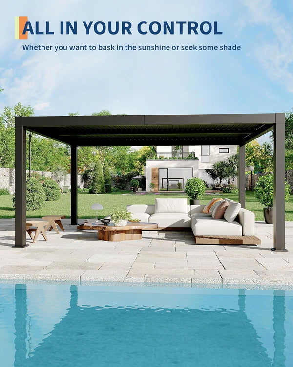 Outdoor Pergola Built for Adjustable Shade Control, Reinforced Aluminum Frame, Integrated Drainage, 393 lb
