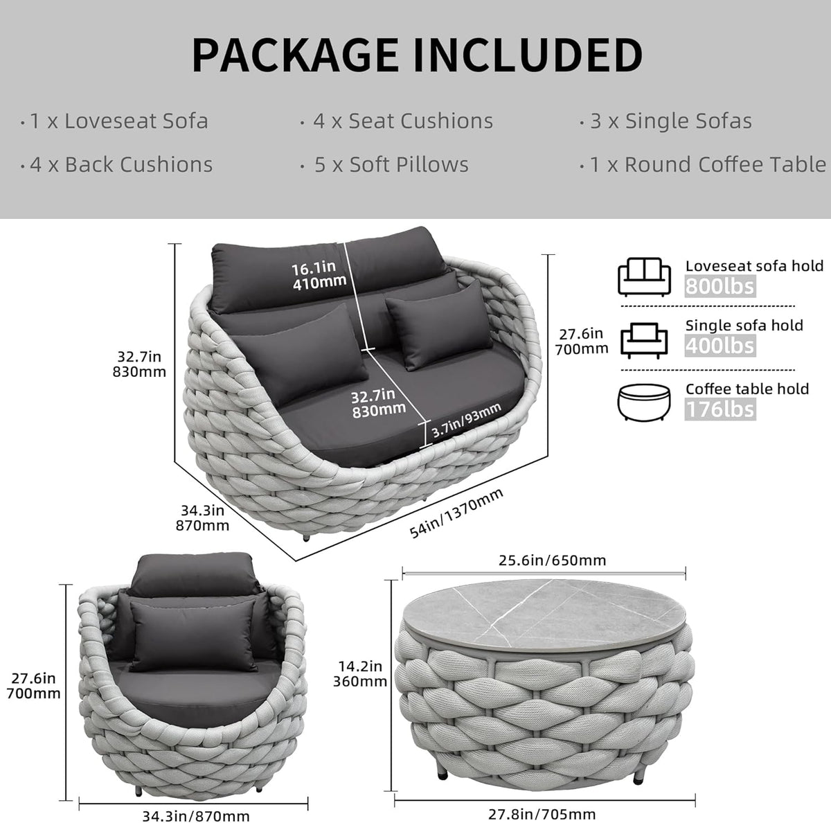 6-Piece Aluminum Patio Furniture Set,Polyester Light Grey W/Table