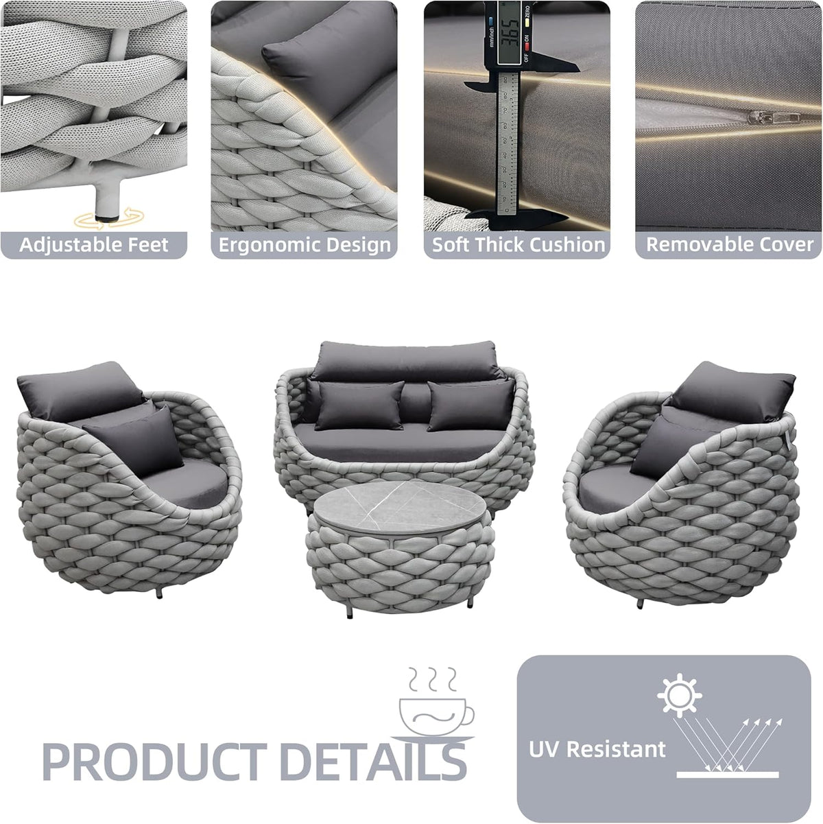 6-Piece Aluminum Patio Furniture Set,Polyester Light Grey W/Table