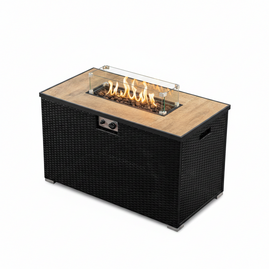 Outdoor Fire Pit Table Built for Backyard Gatherings, 50,000 BTU Propane, 43 Inch Rectangular, Glass Shield
